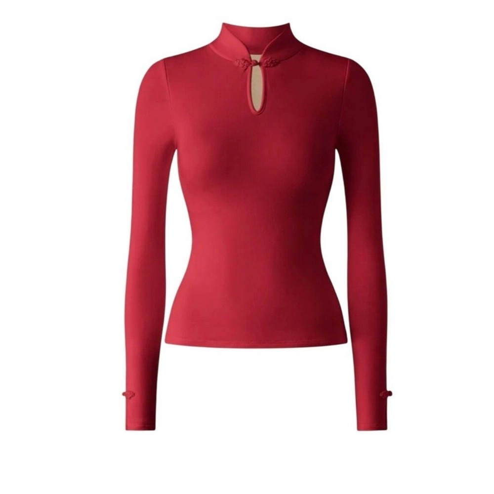 OGL Red Fitted Keyhole Mock Neck Top - Picture 2 of 16